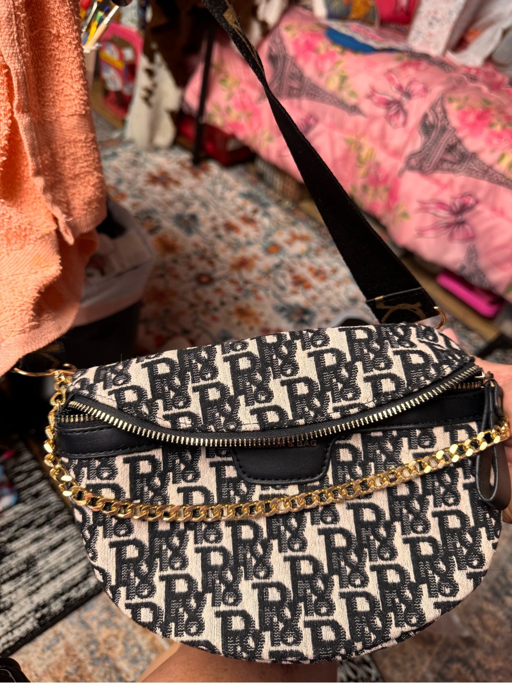 Black and Cream Monogram Crossbody Bag with Gold Chain